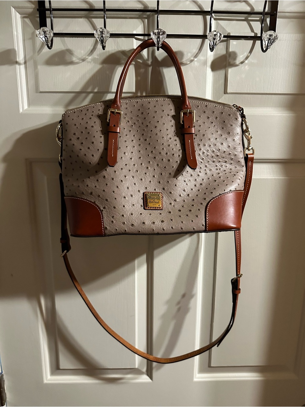Dooney & Bourke Taupe Ostrich-Textured Satchel with Brown Trim